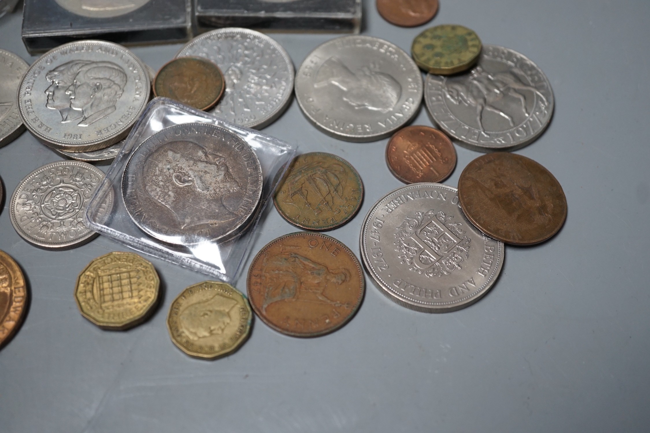 A 1902 silver crown, VF, 1889 half crown, a proof silver Prince of Wales & Lady Diana crown and other UK coins